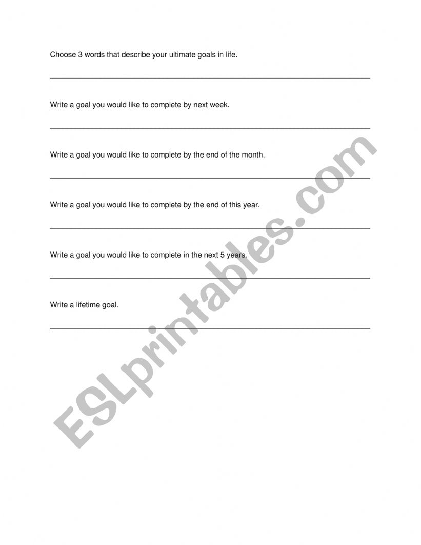 ESL Goals Worksheet worksheet