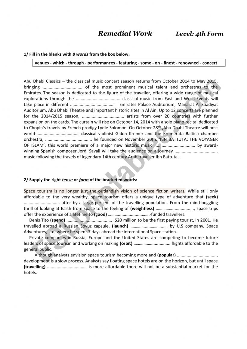 Remedial work 4th Form worksheet