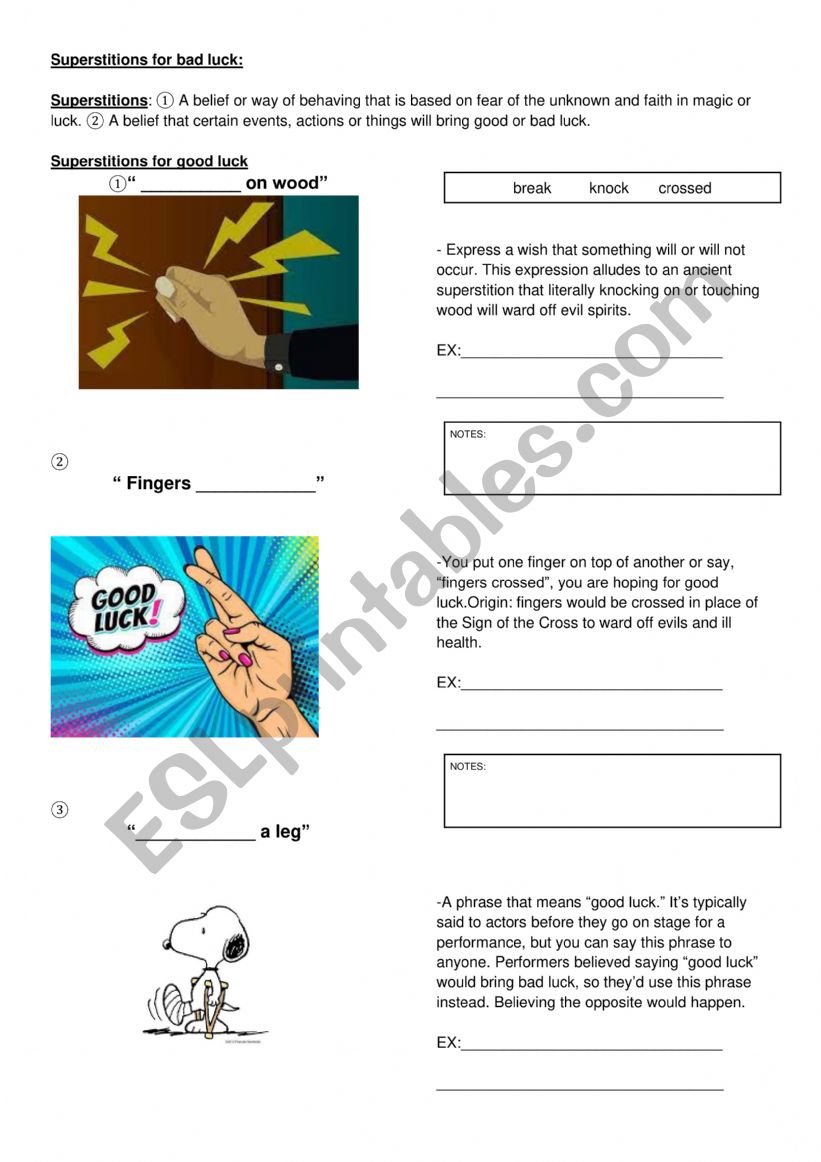 Popular Western superstitions worksheet