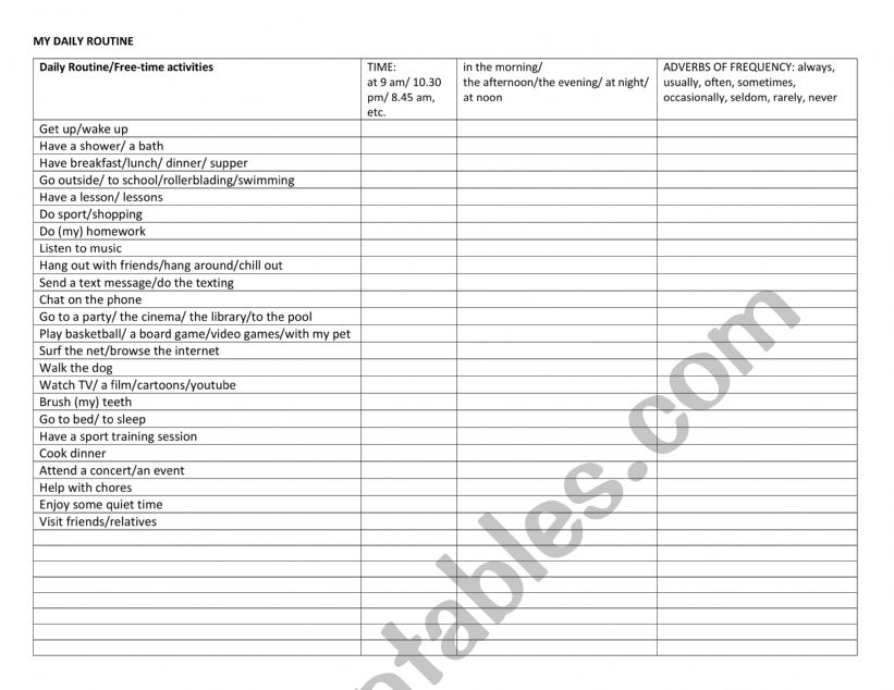 My daily routine worksheet