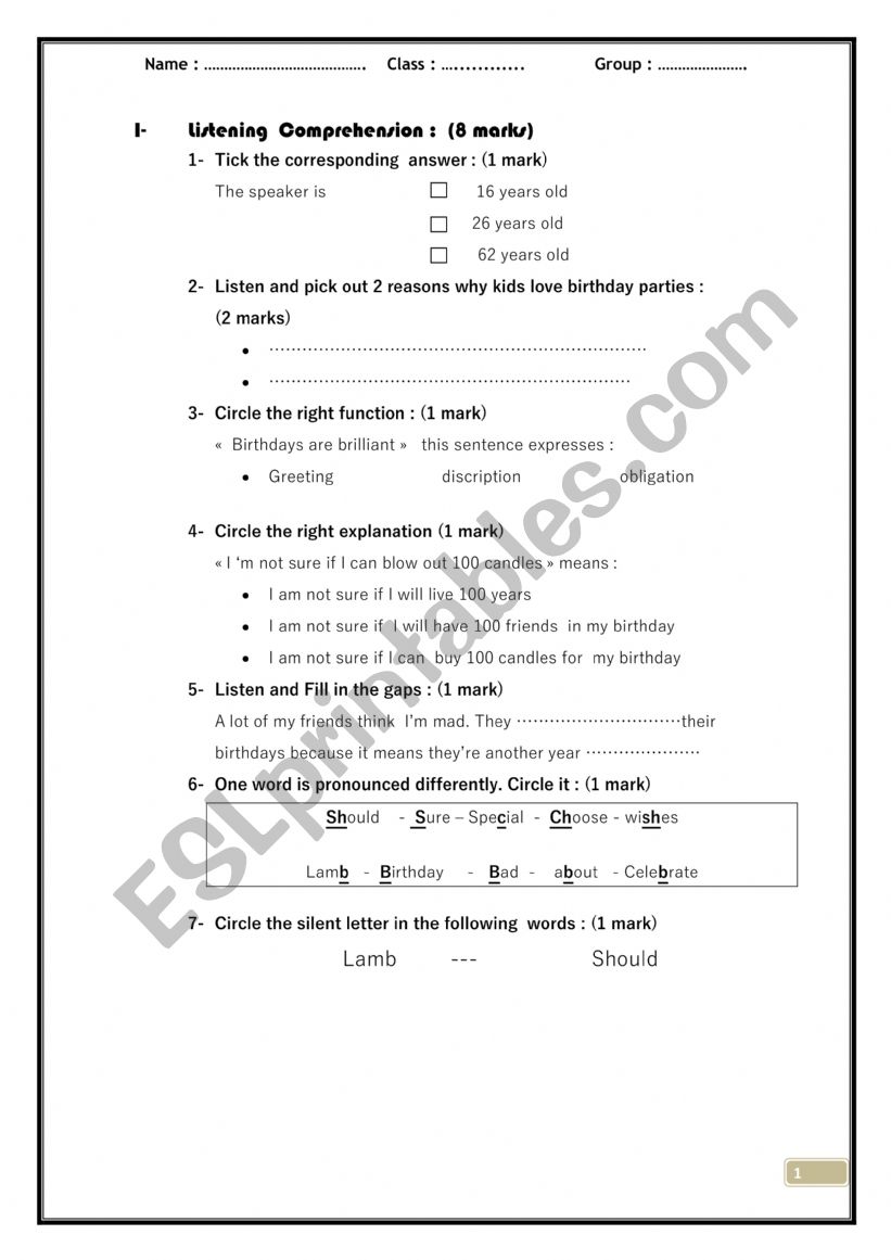 8th form mid term test 2  worksheet