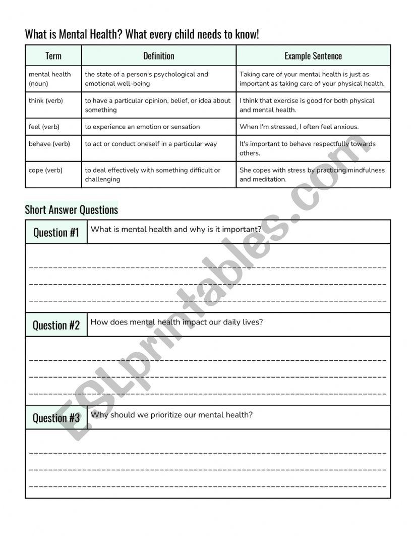 What is mental health? What every children need to know. Oral Comprehension