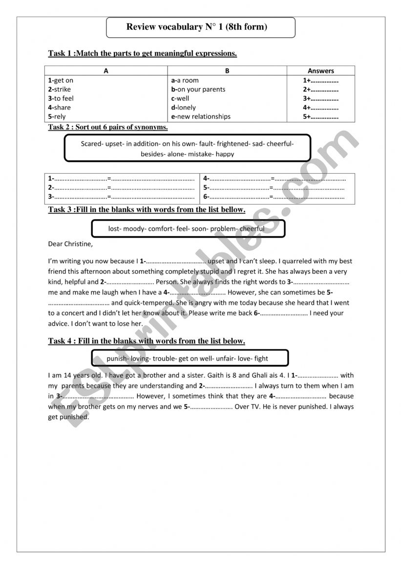 Review vocabulary worksheet