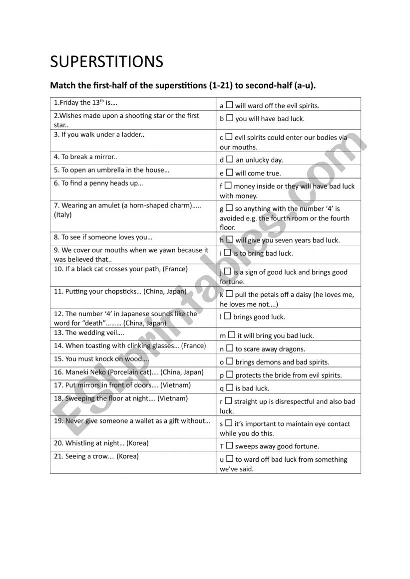 Superstitions worksheet