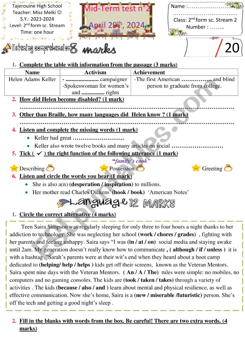 2nd form mid term test 3 worksheet