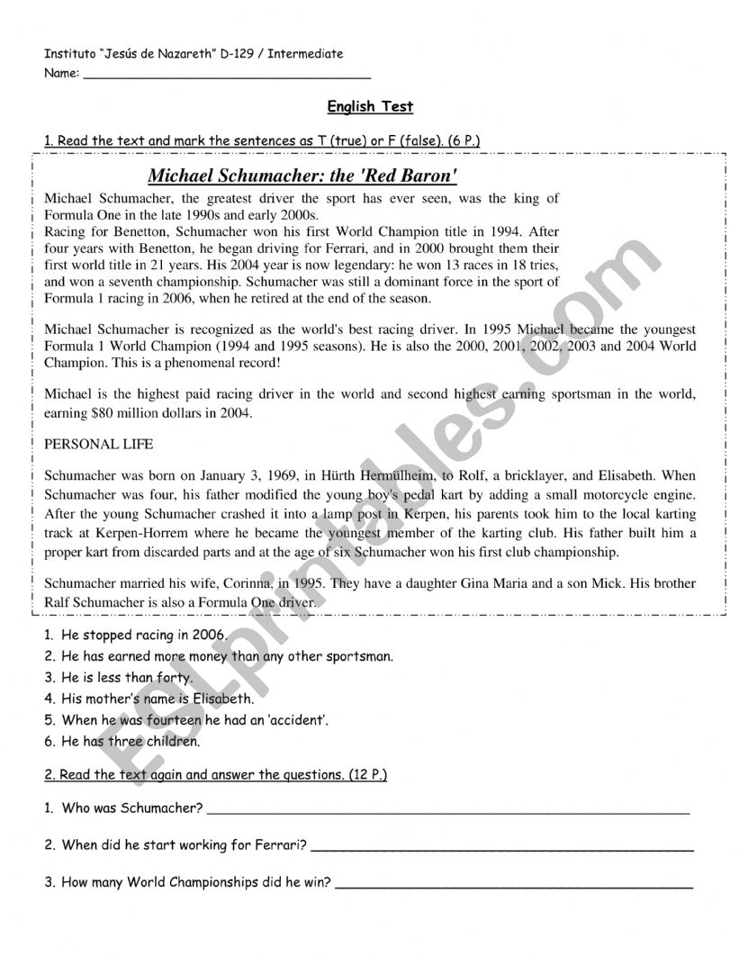 Reading Comprehension worksheet