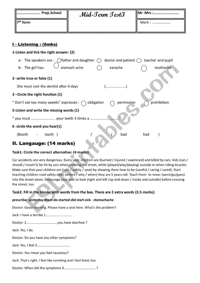 mid term test3  7 form worksheet