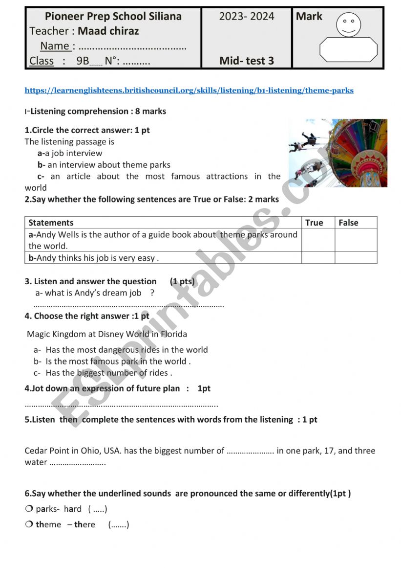 mid test 3 for 9th form pioneer 