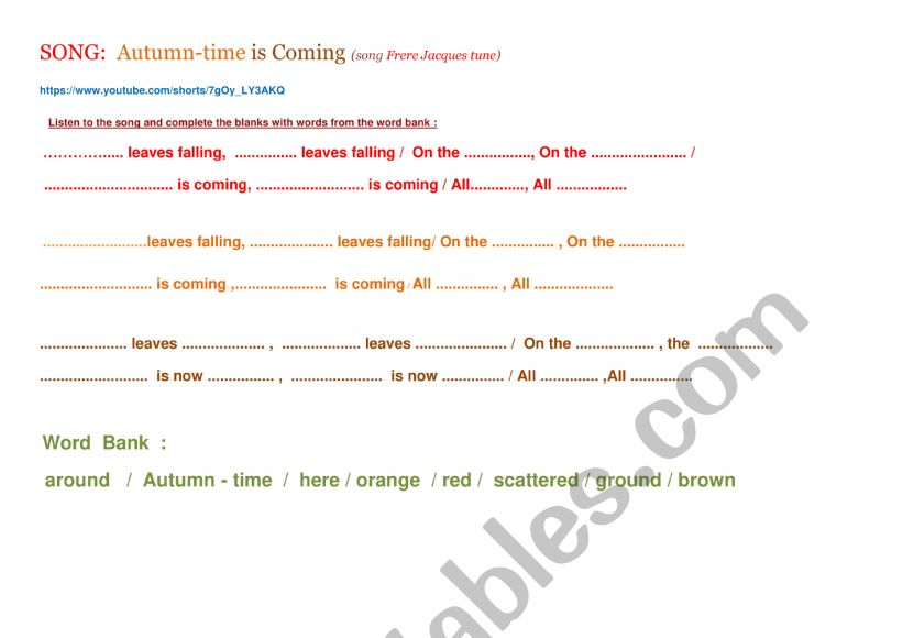 AUTUMN TIME IS COMING  SONG worksheet