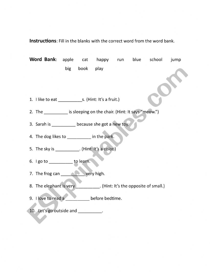 Fill in the blank worksheet