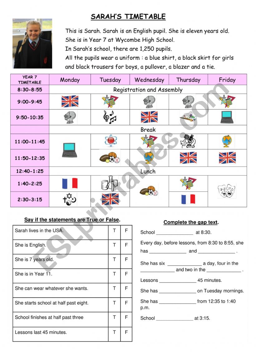Sarahs timetable worksheet