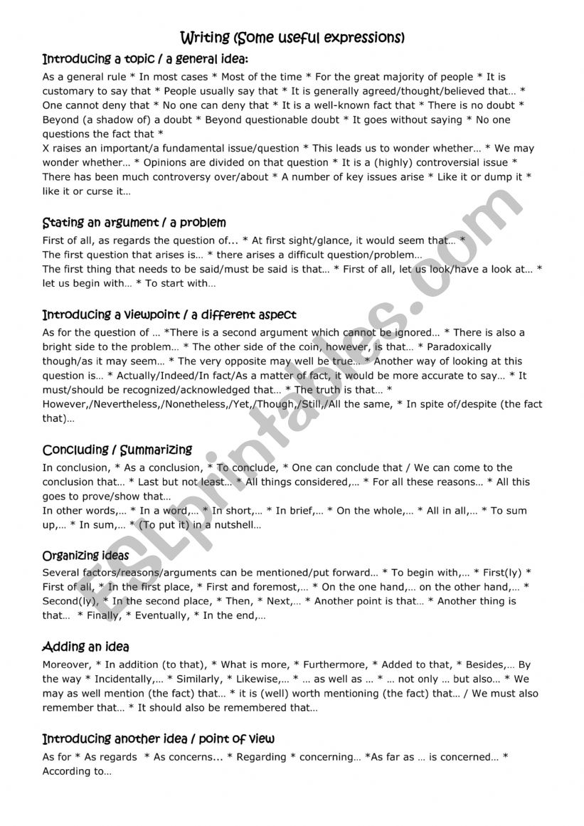 Writings expressions worksheet