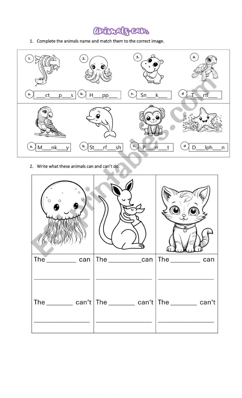 Animals can worksheet