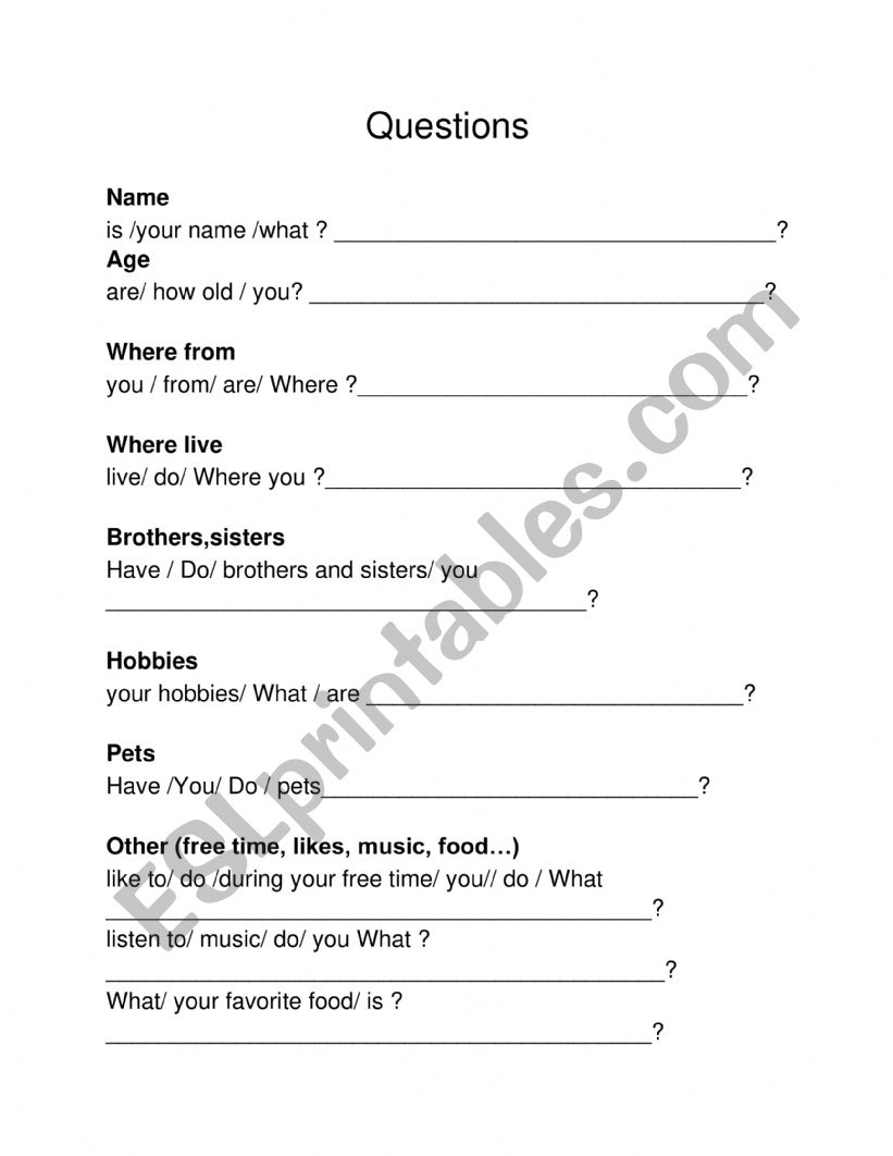 Personal questions exercise worksheet