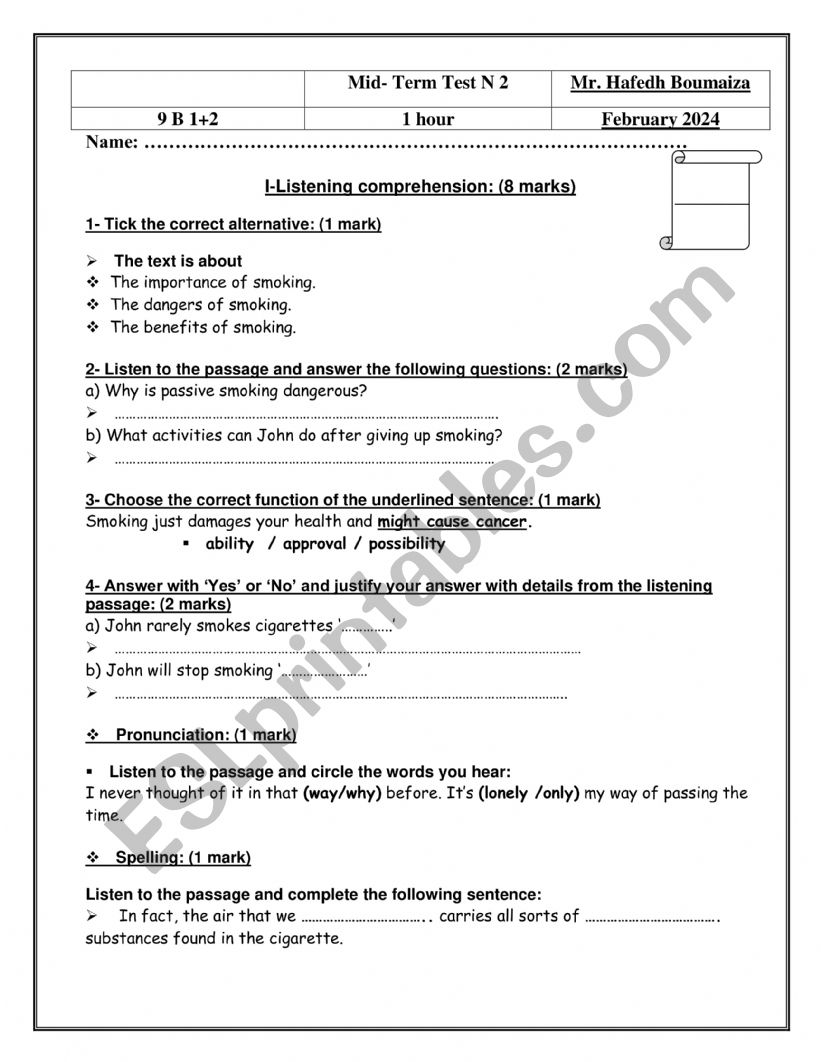 Grade9 Mid-Term Test N 2 worksheet