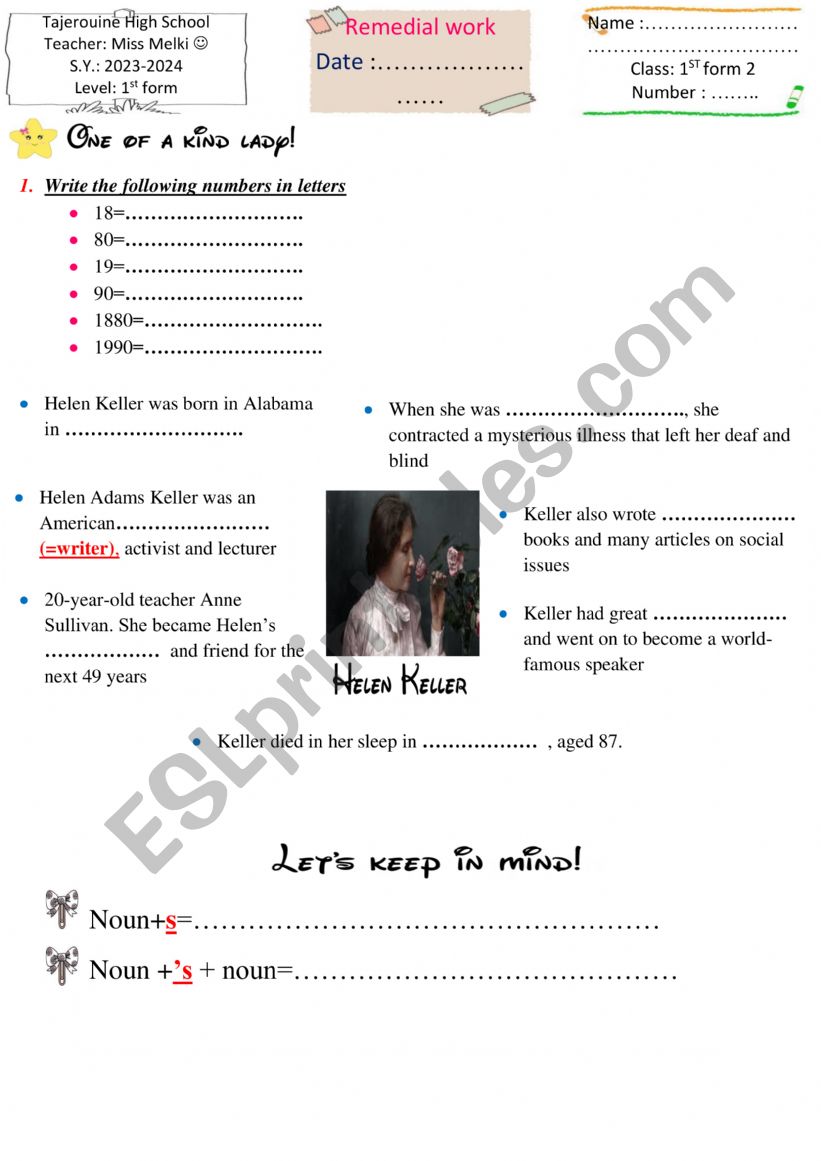 Remedial work 1st form worksheet