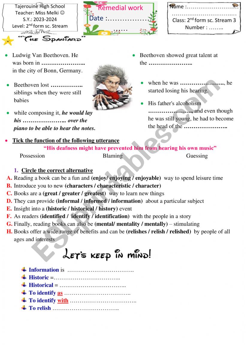 2nd form remedial work worksheet