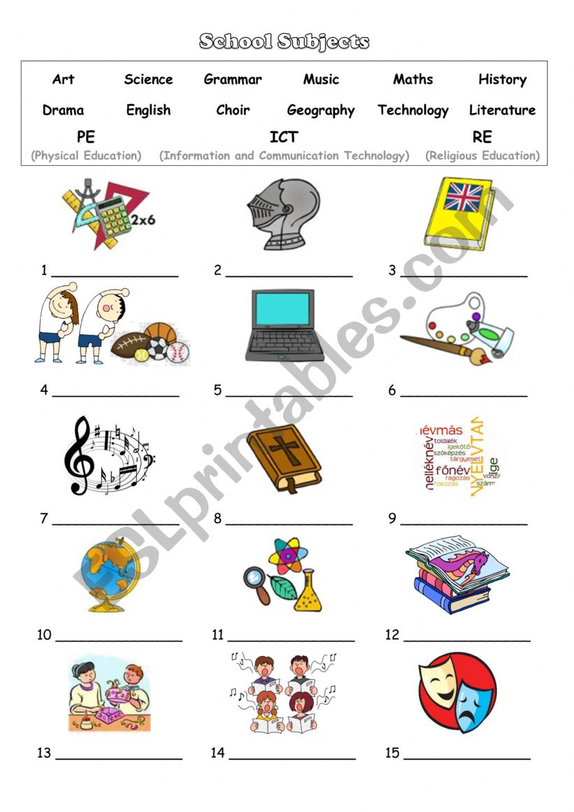 School subjects vocabulary worksheet