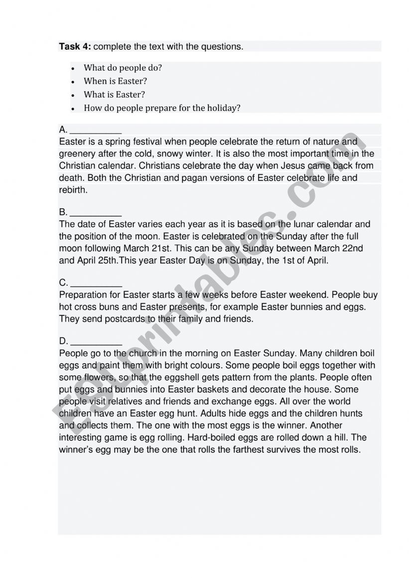 History of Easter worksheet