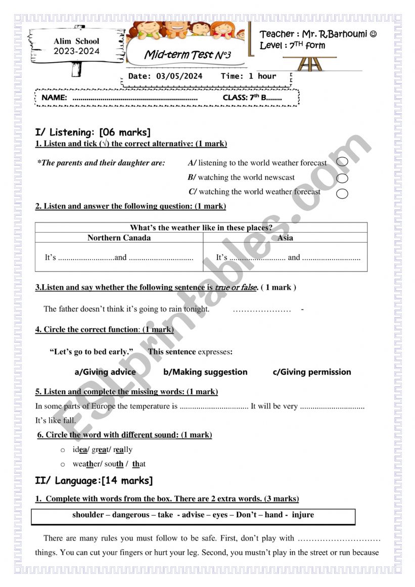 Mid-term test N°3 7th form - ESL worksheet by elbarhoumi