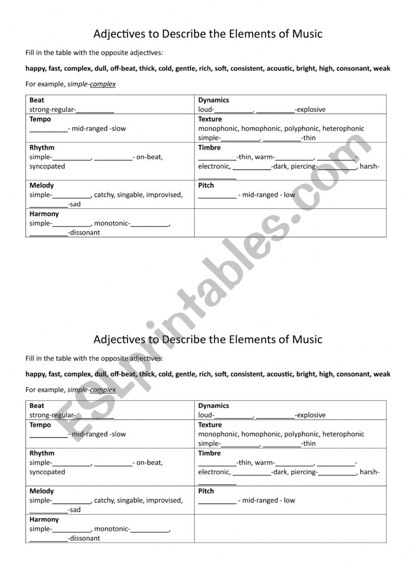 Adjectives to Describe the Elements of Music