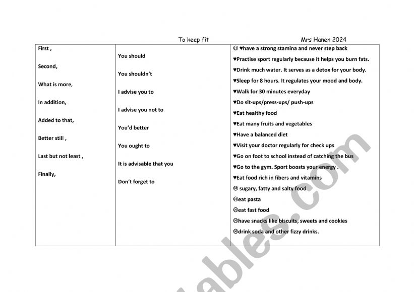 let�s keep fit  worksheet