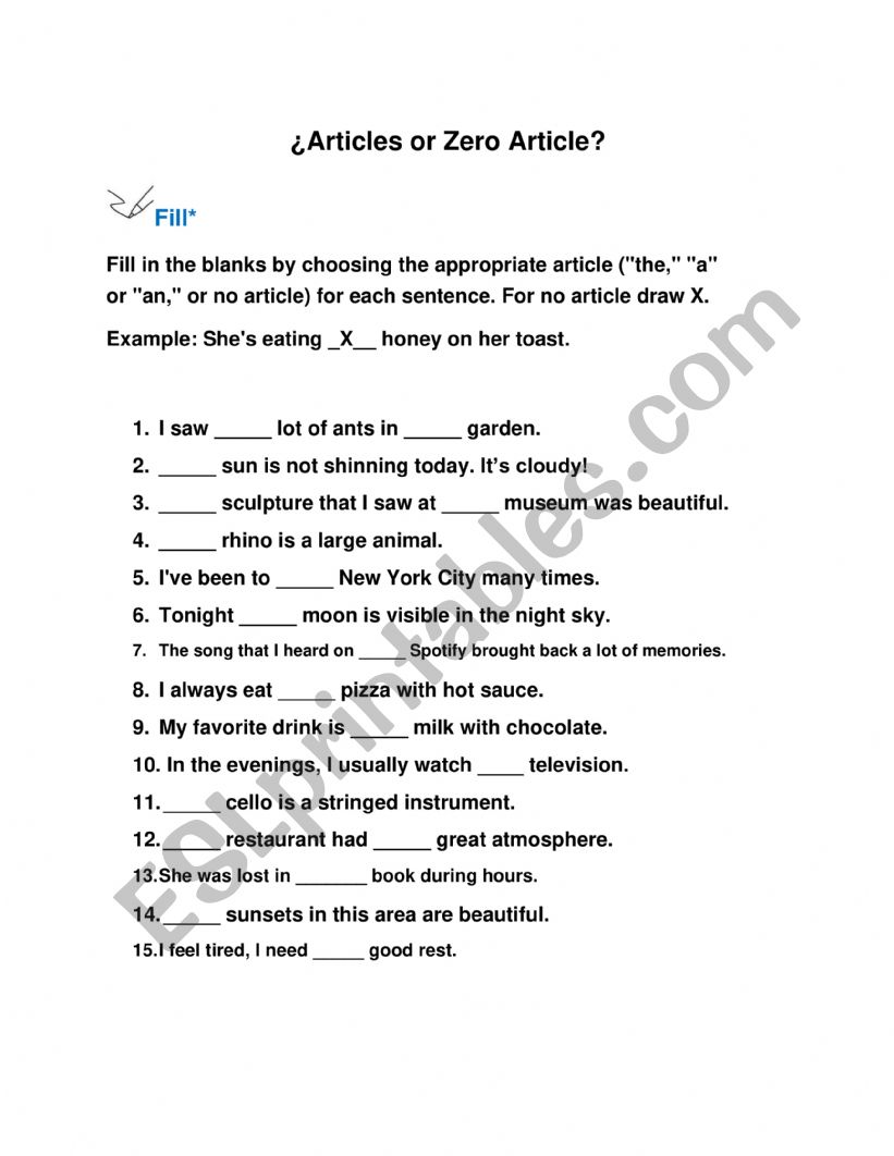 Articles or zero article worksheet