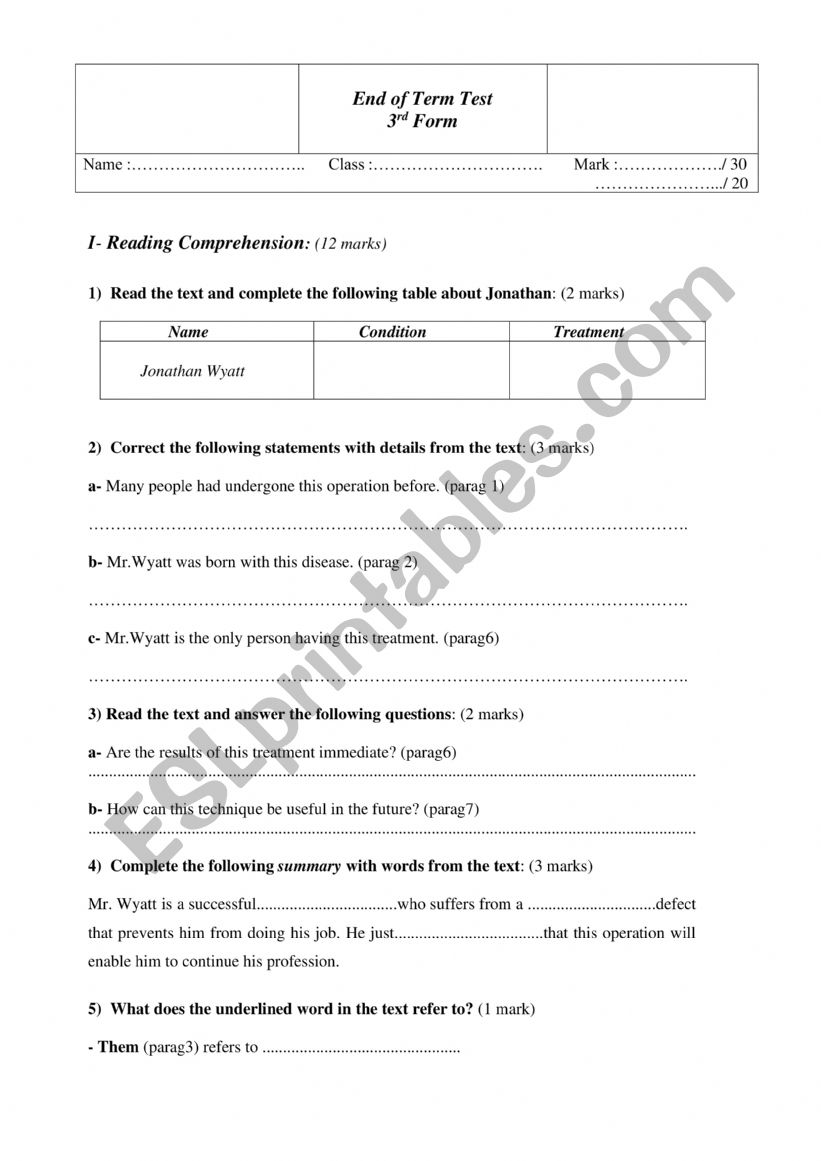 End of Term Test worksheet