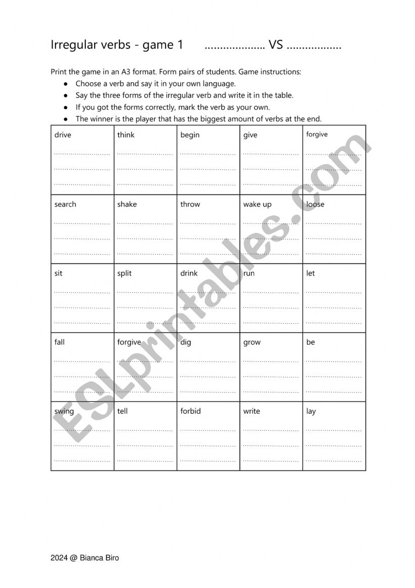 Irregular verbs pair game worksheet