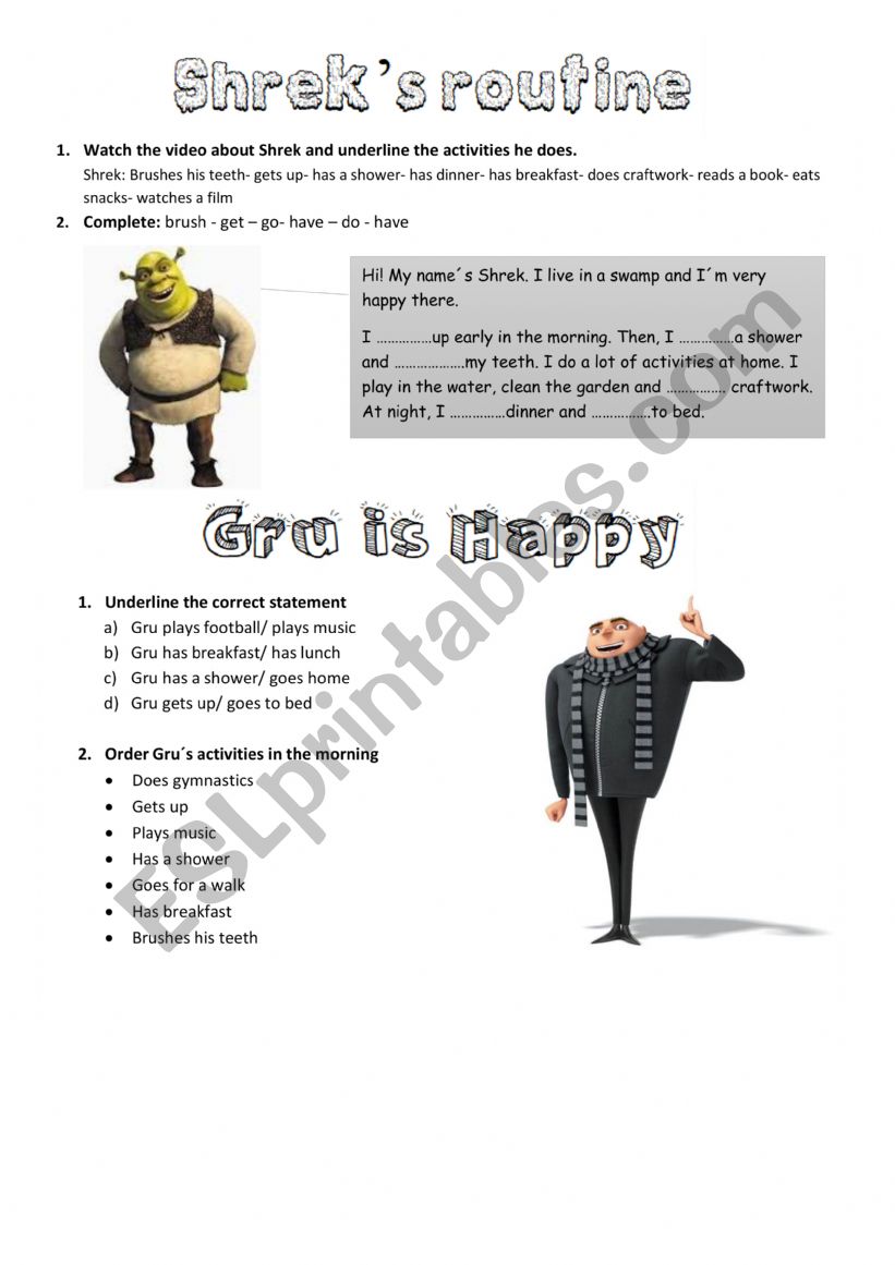 Present simple - routines - shrek and gru - ESL worksheet by Lucianarezk