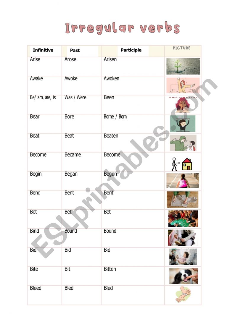 Irregular verbs with picture worksheet