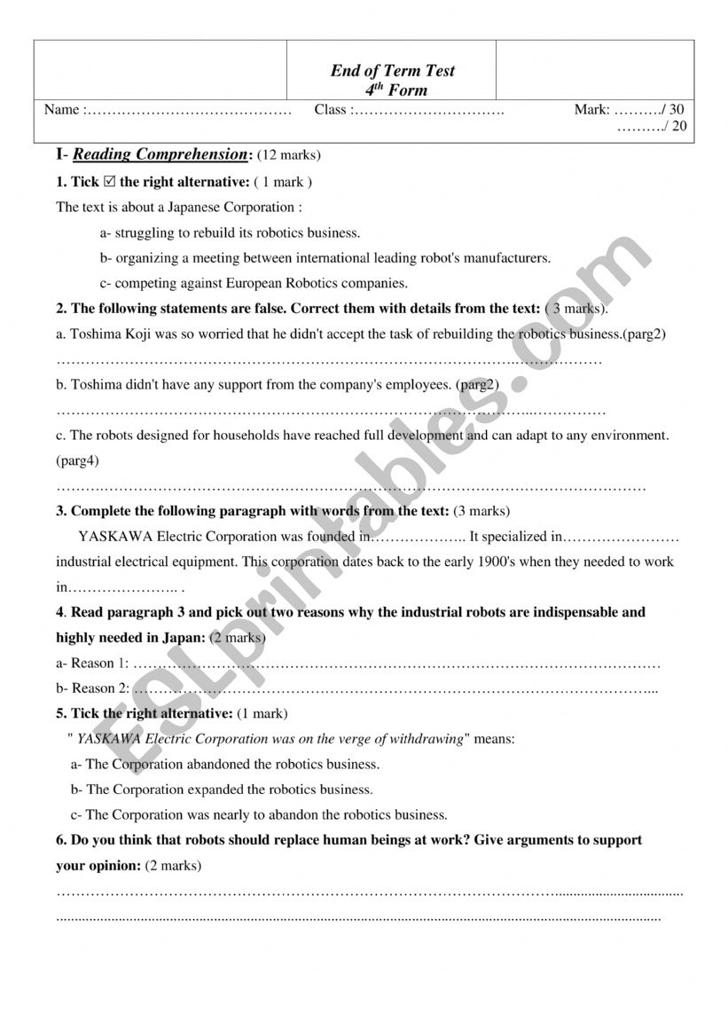 Mid-Term Test 4th Form worksheet