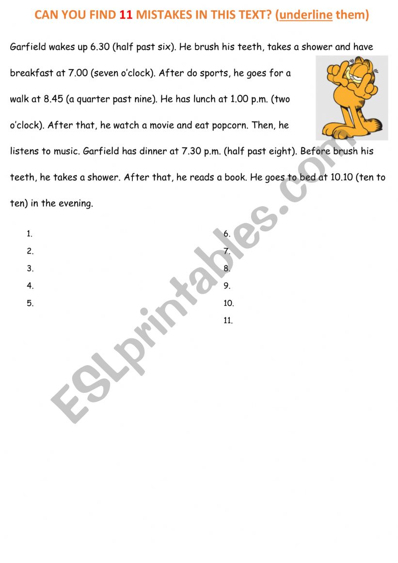 Garfields daily routine worksheet