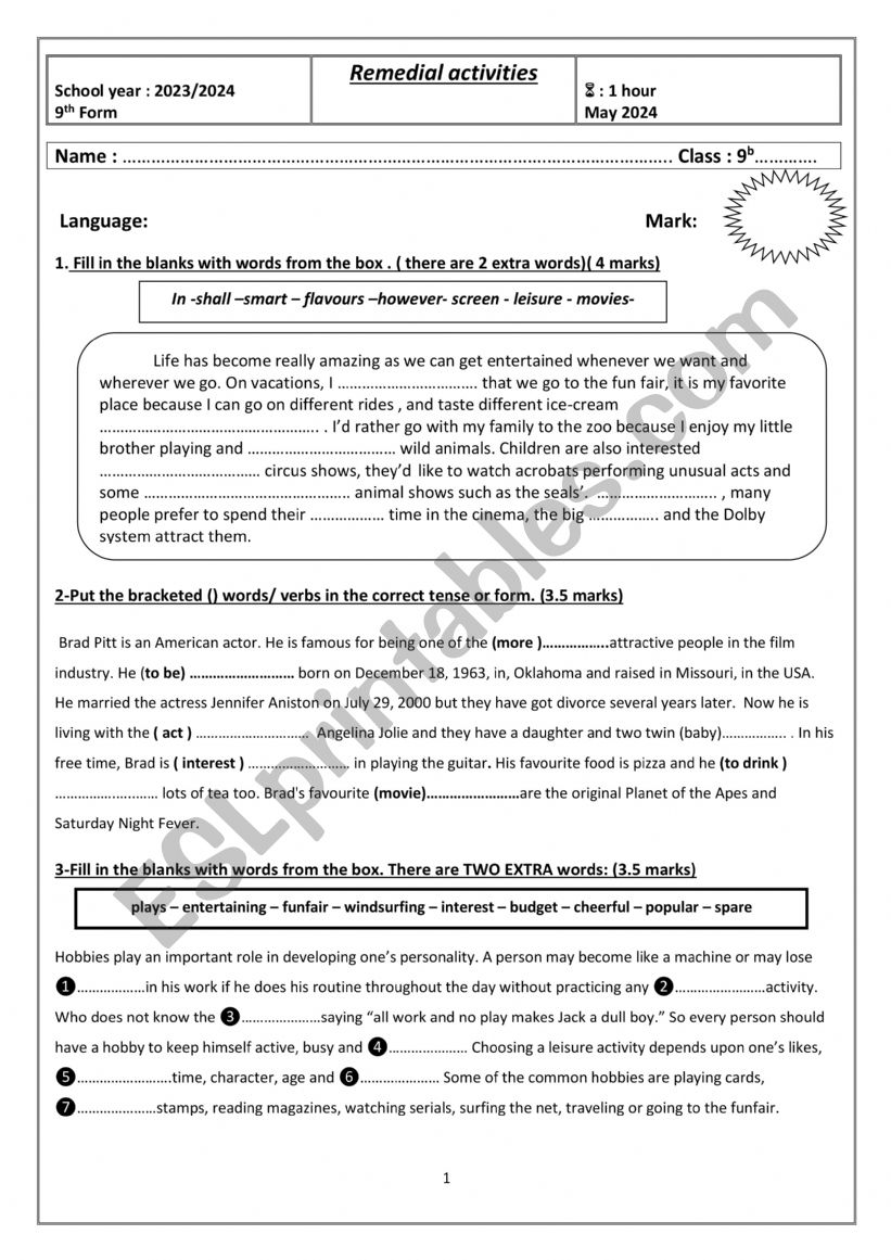 remedial activities 9th form worksheet