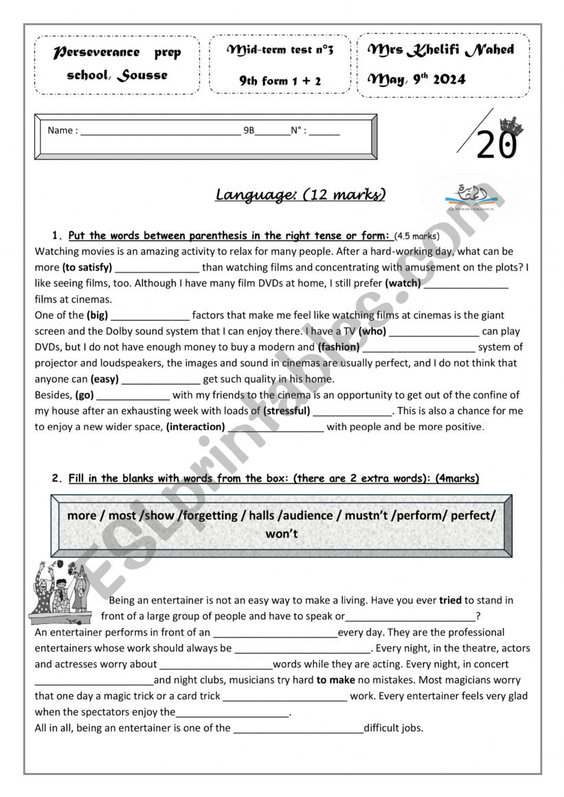 Mid-term test 3 9th form Tunisian system