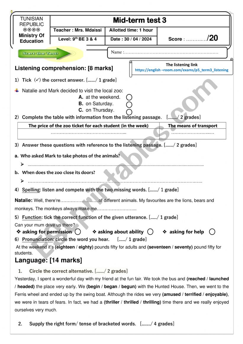 A test for 9th formers worksheet