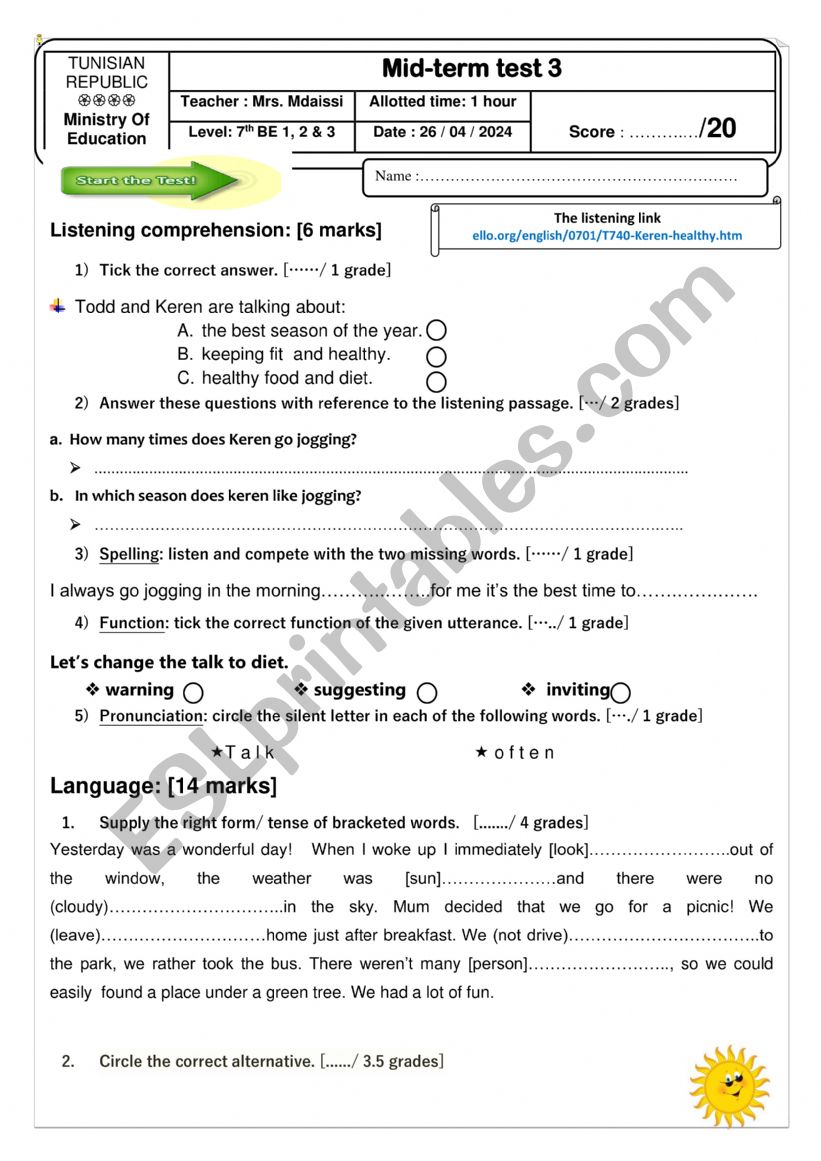 7th form exam worksheet