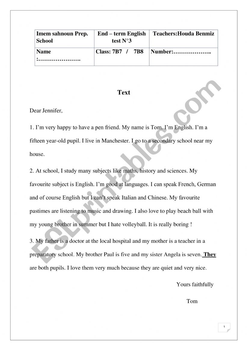 7th exam worksheet