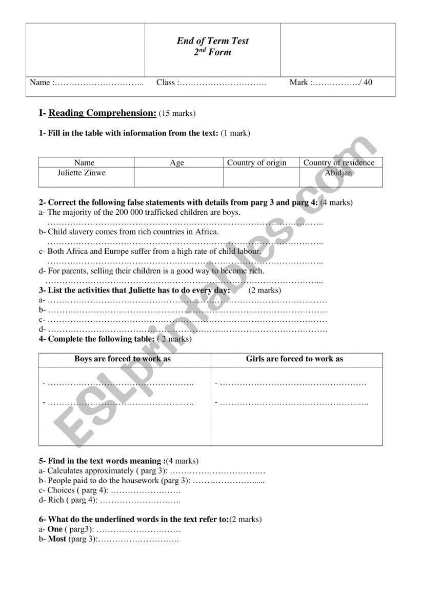 End of Term Test worksheet