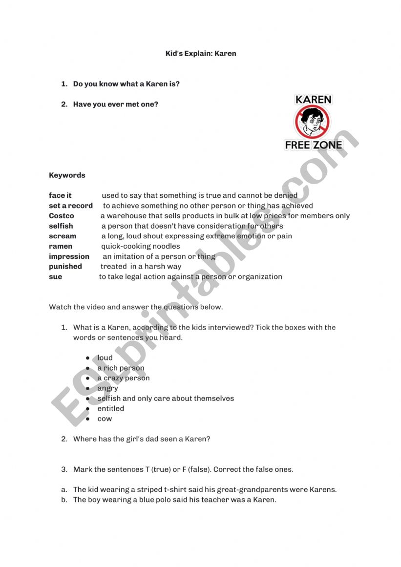 Kids Explain Karen�s  worksheet