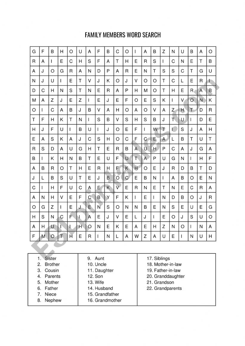 Family members word search worksheet