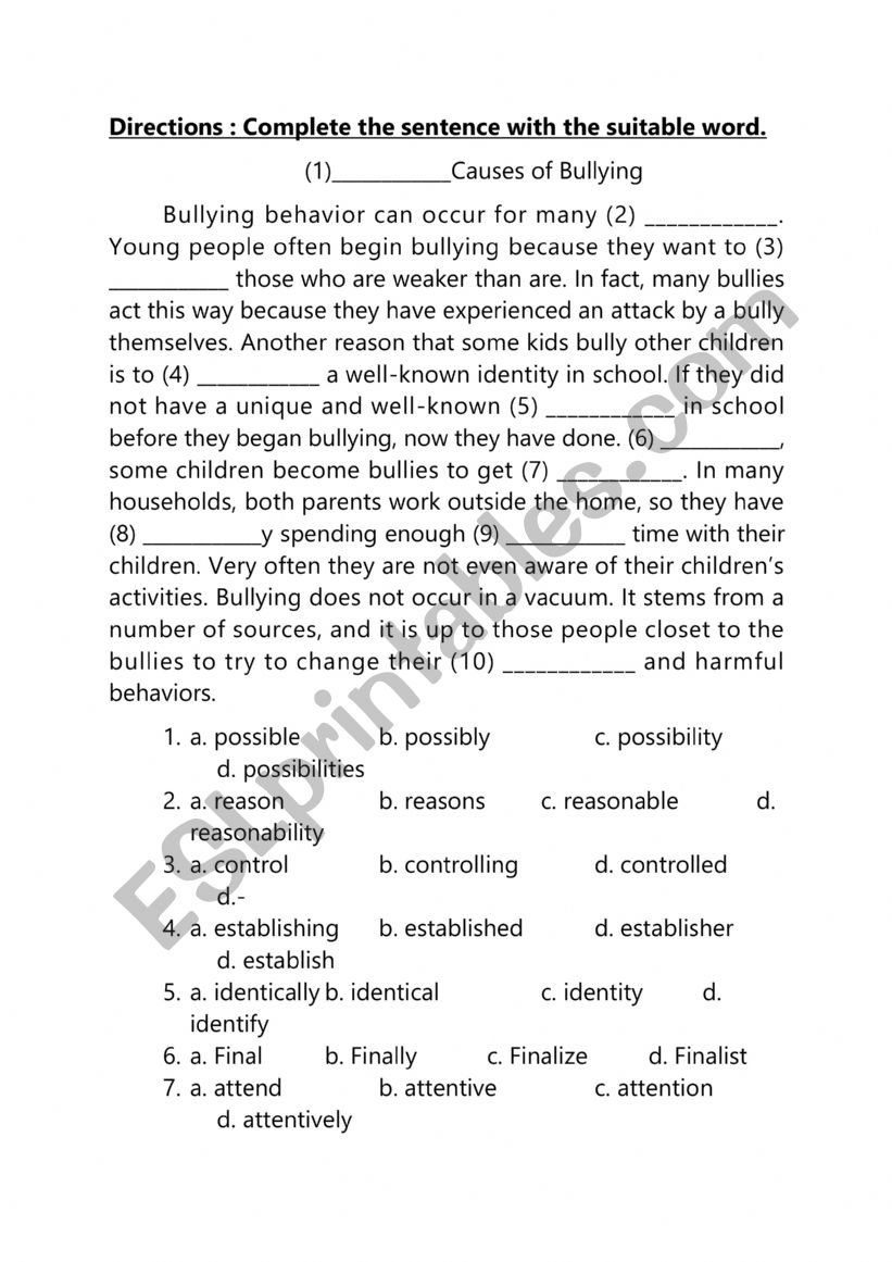 Part of Speech worksheet