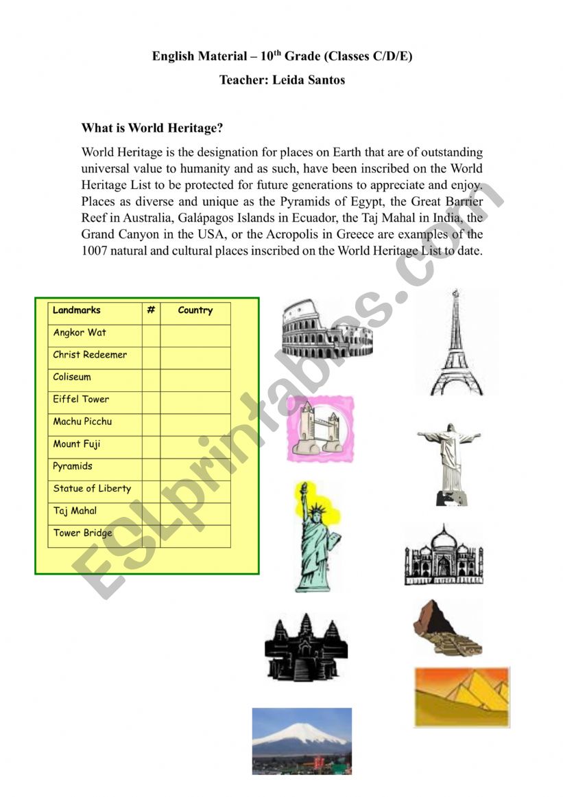 The world heritage worksheet