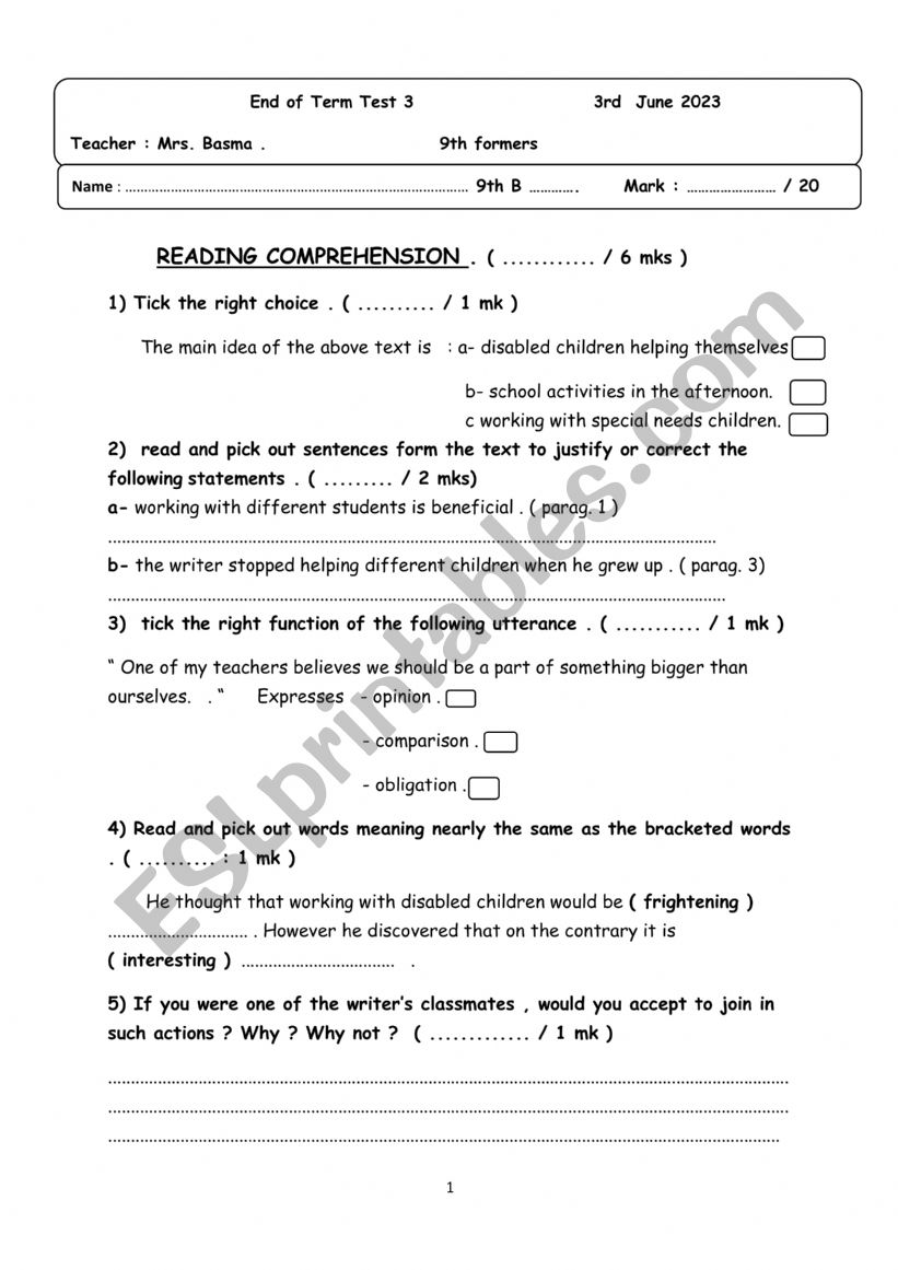 full term test 3 9th form  worksheet