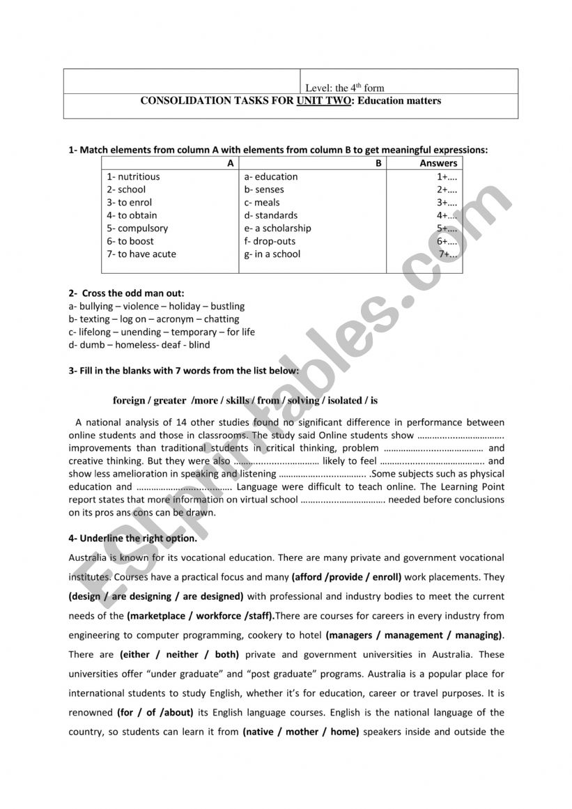 Consolidation tasks worksheet