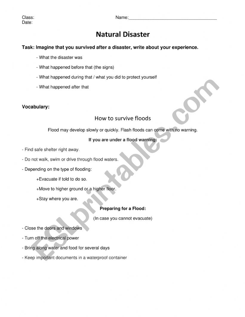 Natural Disaster Writing Task worksheet