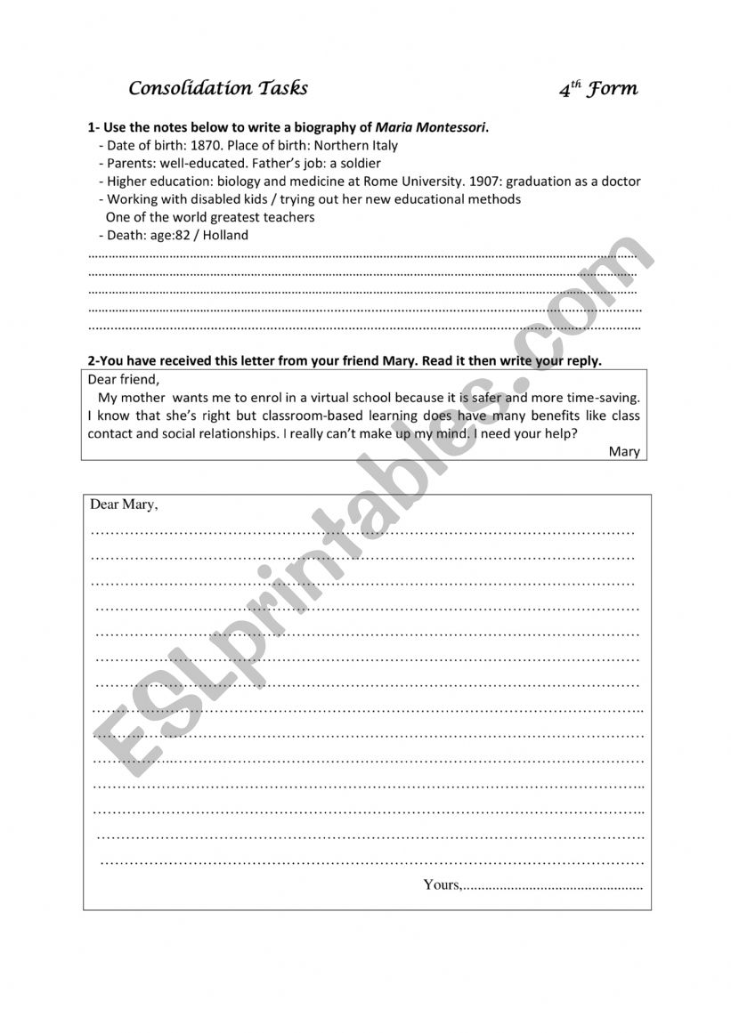 Writing Tasks: 4th form worksheet