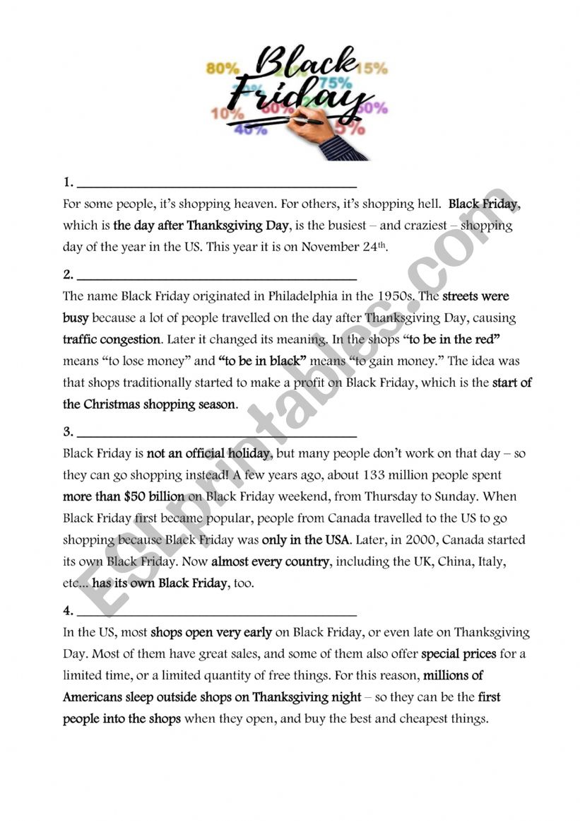 Black Friday in the USA worksheet