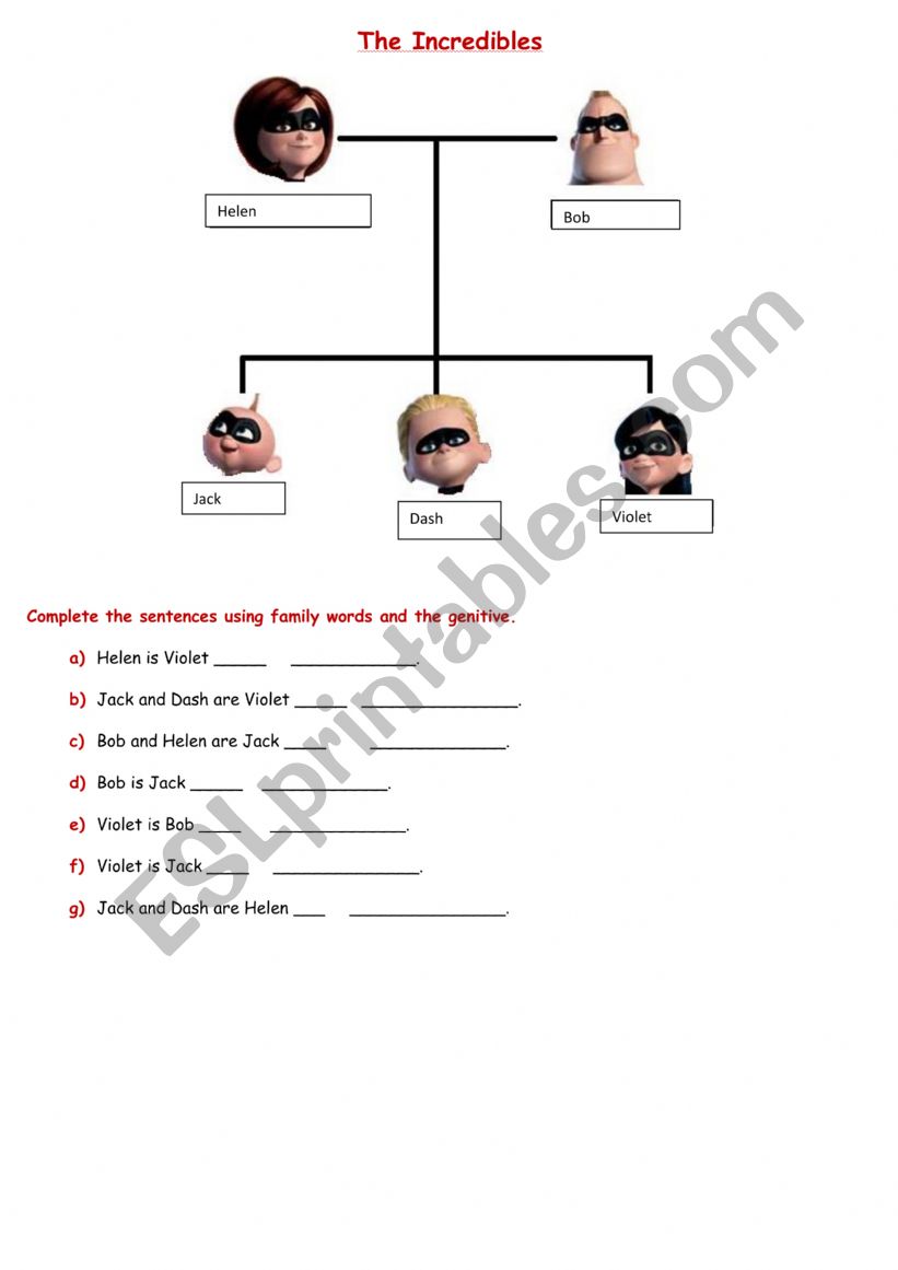 THE INCREDIBLE FAMILY worksheet