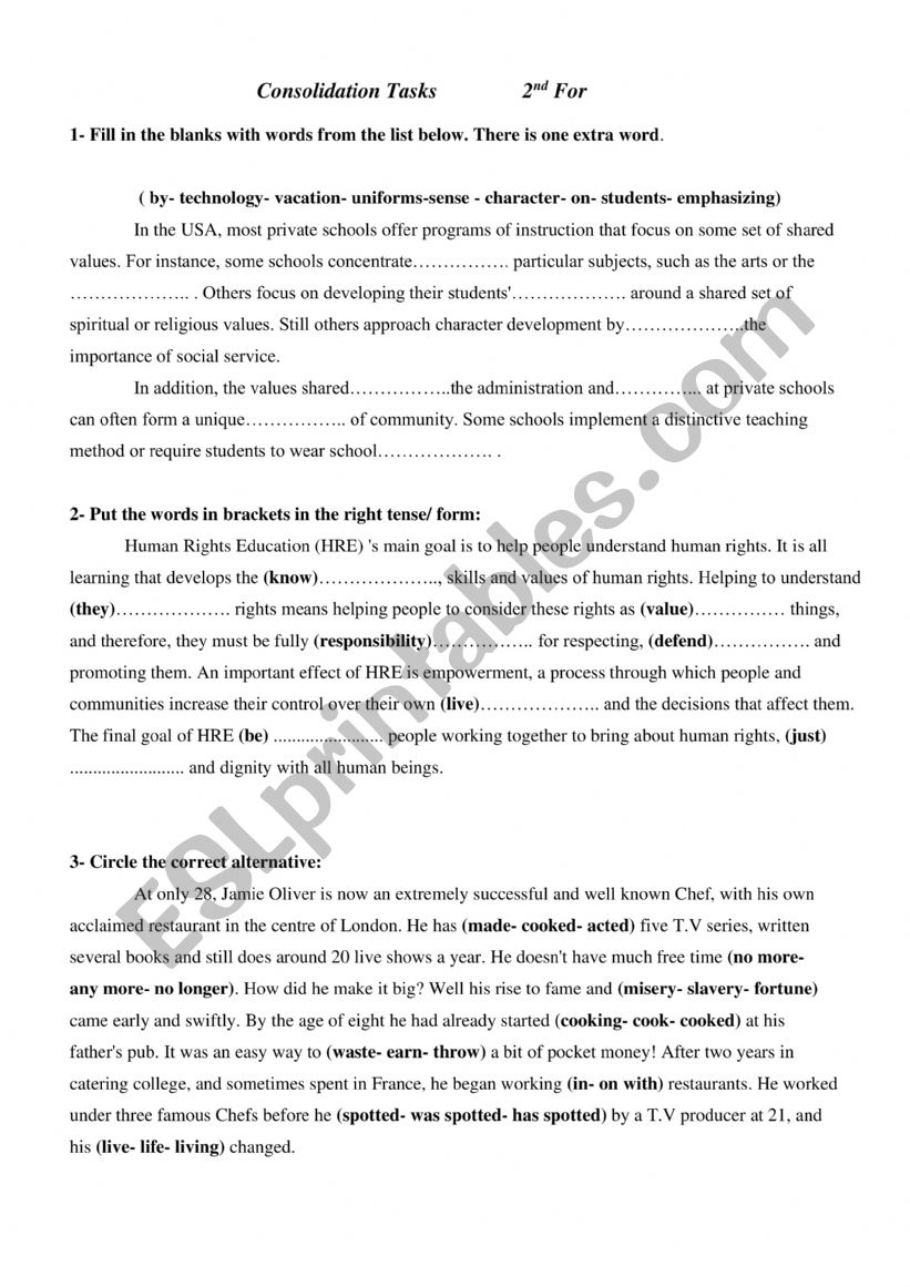 Consolidation tasks worksheet